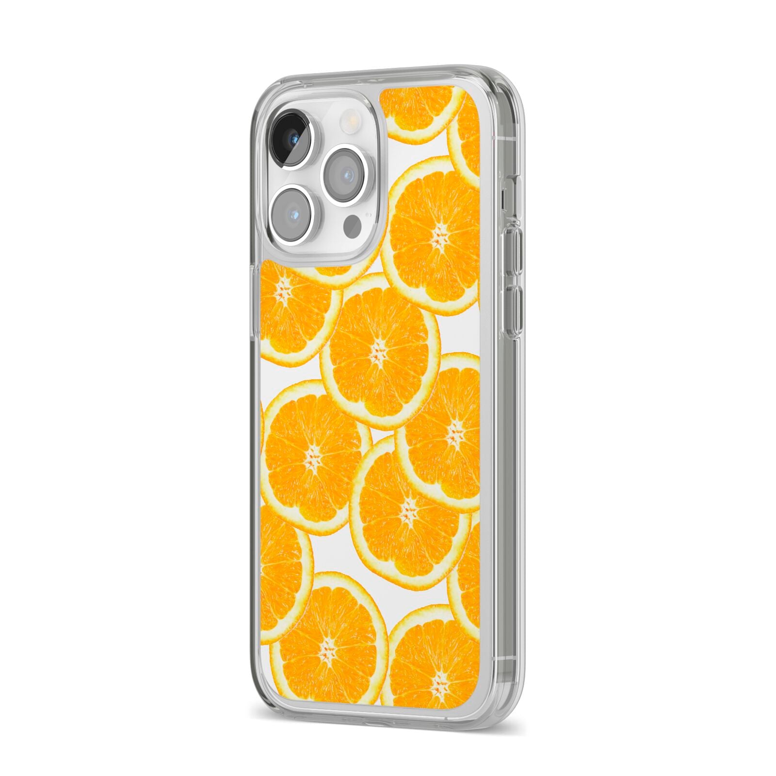 Orange Fruit Slices iPhone 14 Pro Max Clear Tough Case Silver Angled Image