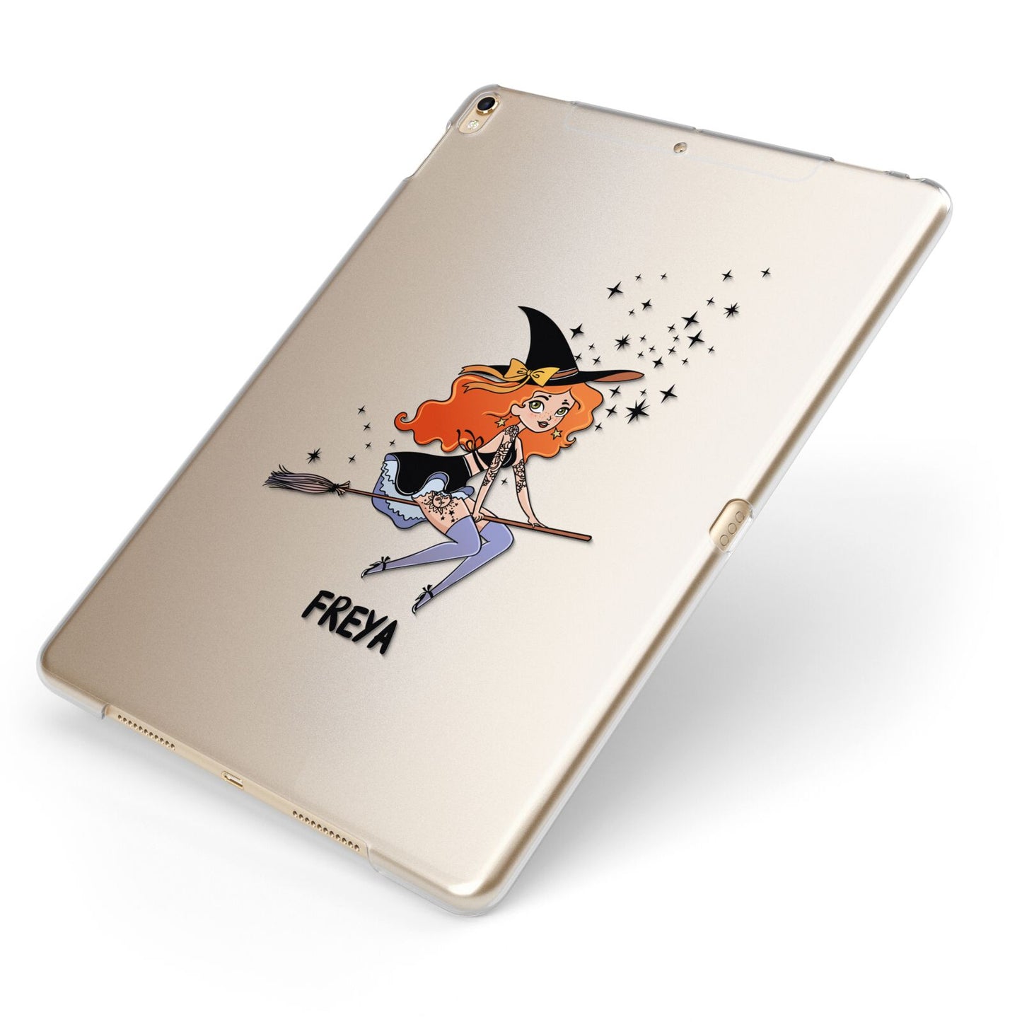Orange Haired Personalised Witch Apple iPad Case on Gold iPad Side View