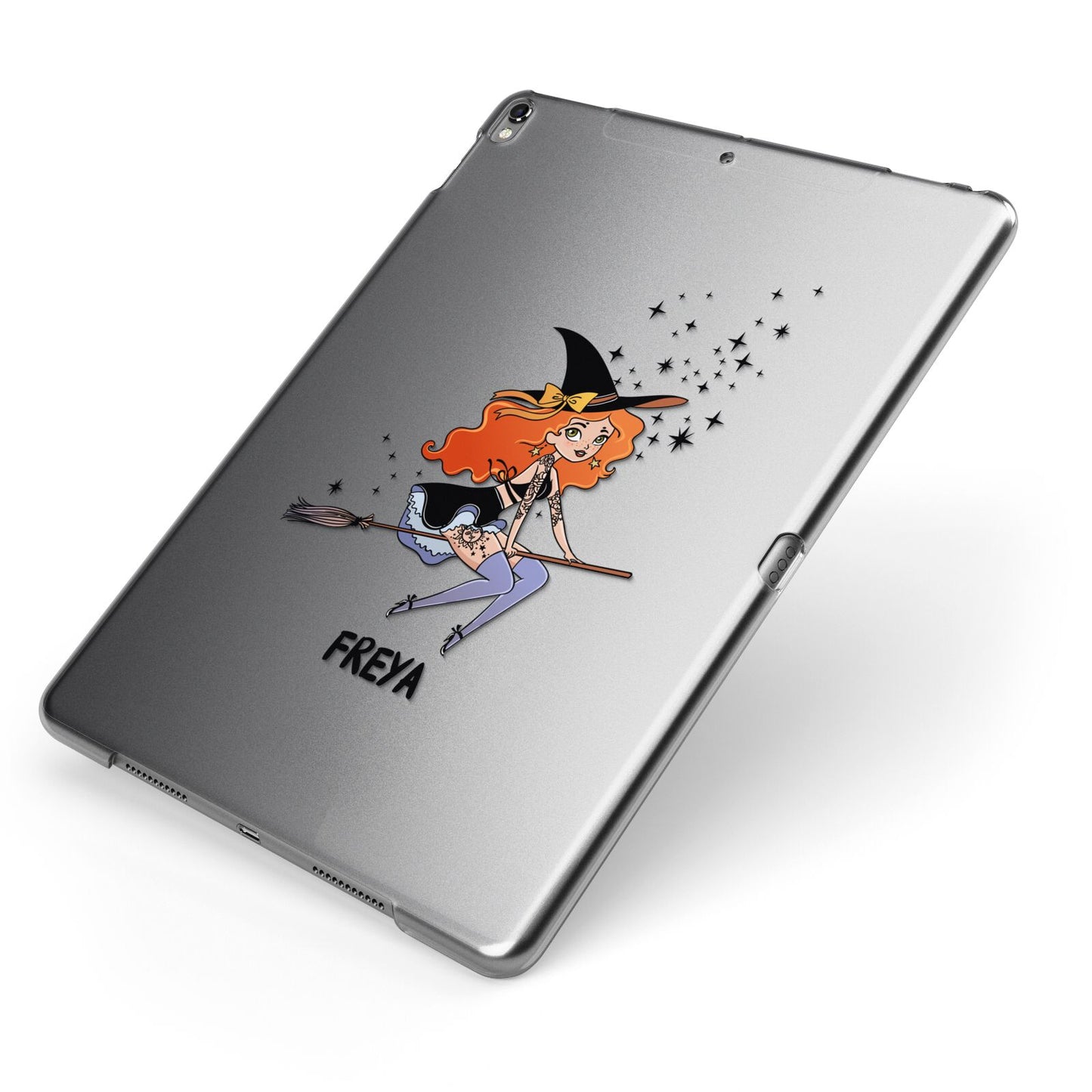 Orange Haired Personalised Witch Apple iPad Case on Grey iPad Side View