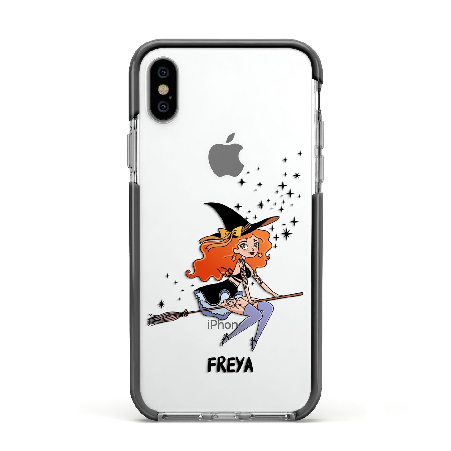 Orange Haired Personalised Witch Apple iPhone Xs Impact Case Black Edge on Silver Phone