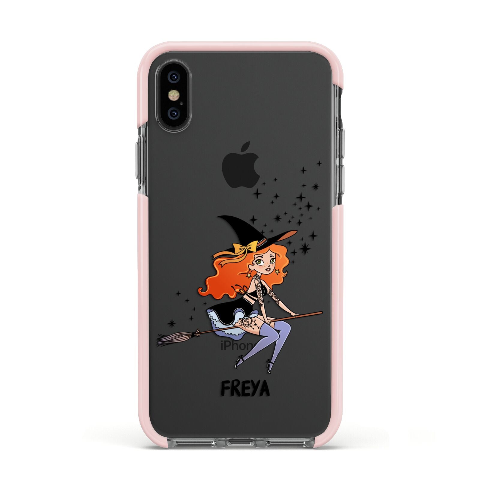Orange Haired Personalised Witch Apple iPhone Xs Impact Case Pink Edge on Black Phone