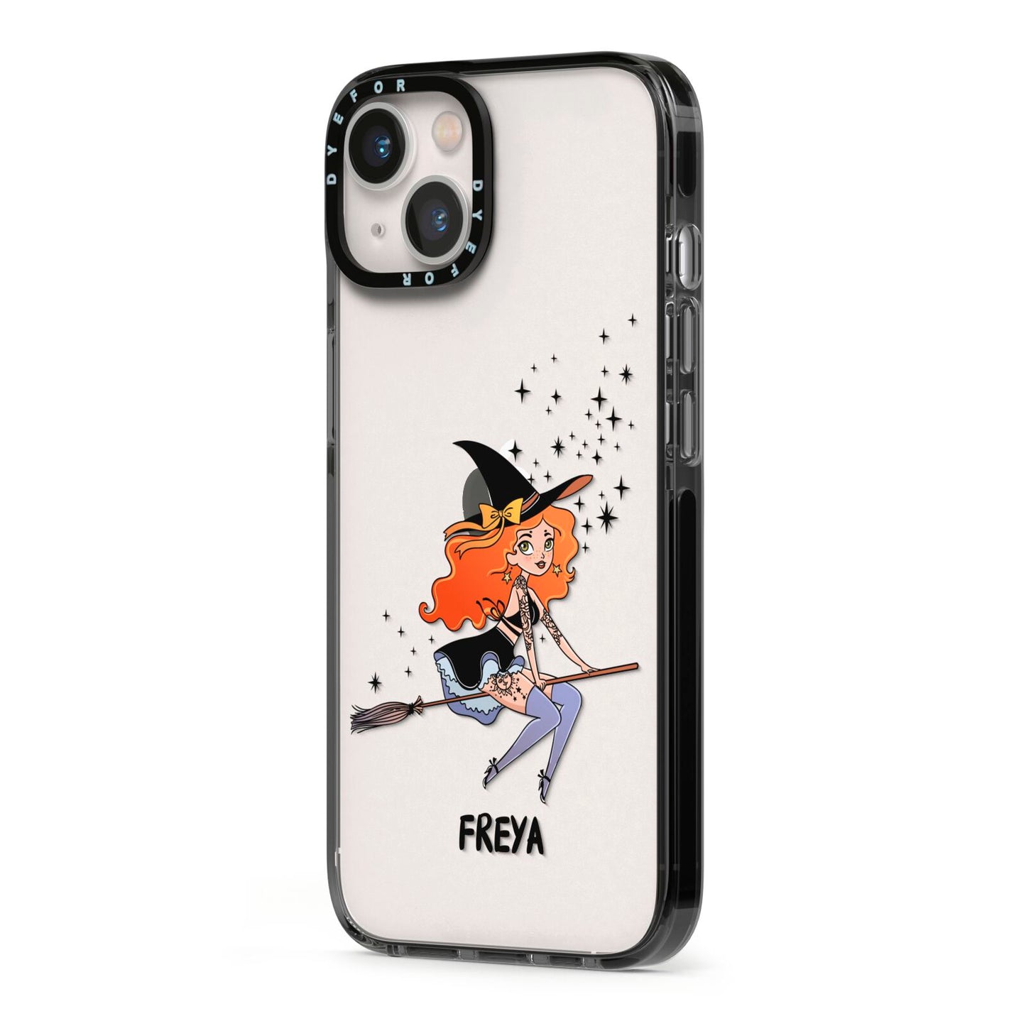 Orange Haired Personalised Witch iPhone 13 Black Impact Case Side Angle on Silver phone