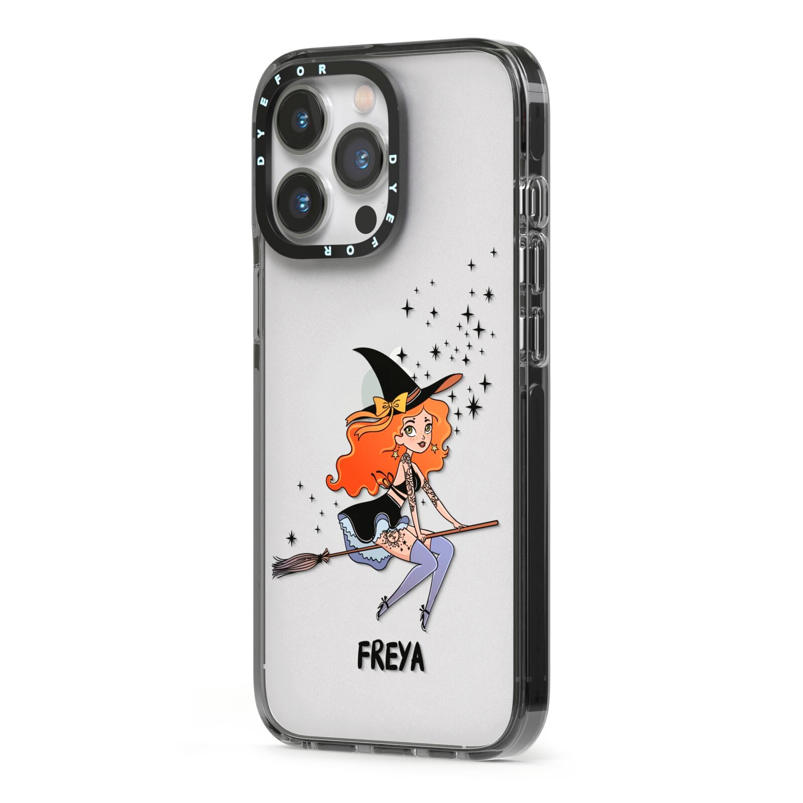 Orange Haired Personalised Witch iPhone 13 Pro Black Impact Case Side Angle on Silver phone