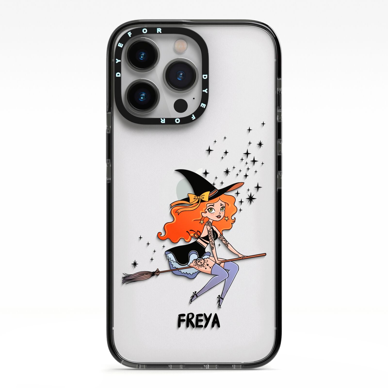 Orange Haired Personalised Witch iPhone 13 Pro Black Impact Case on Silver phone