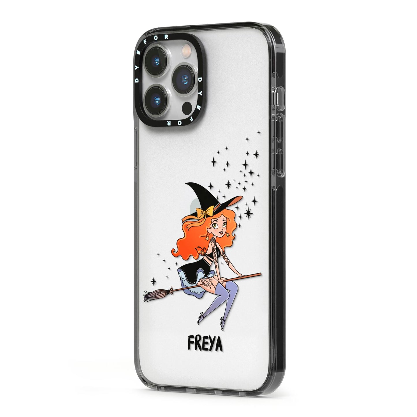 Orange Haired Personalised Witch iPhone 13 Pro Max Black Impact Case Side Angle on Silver phone