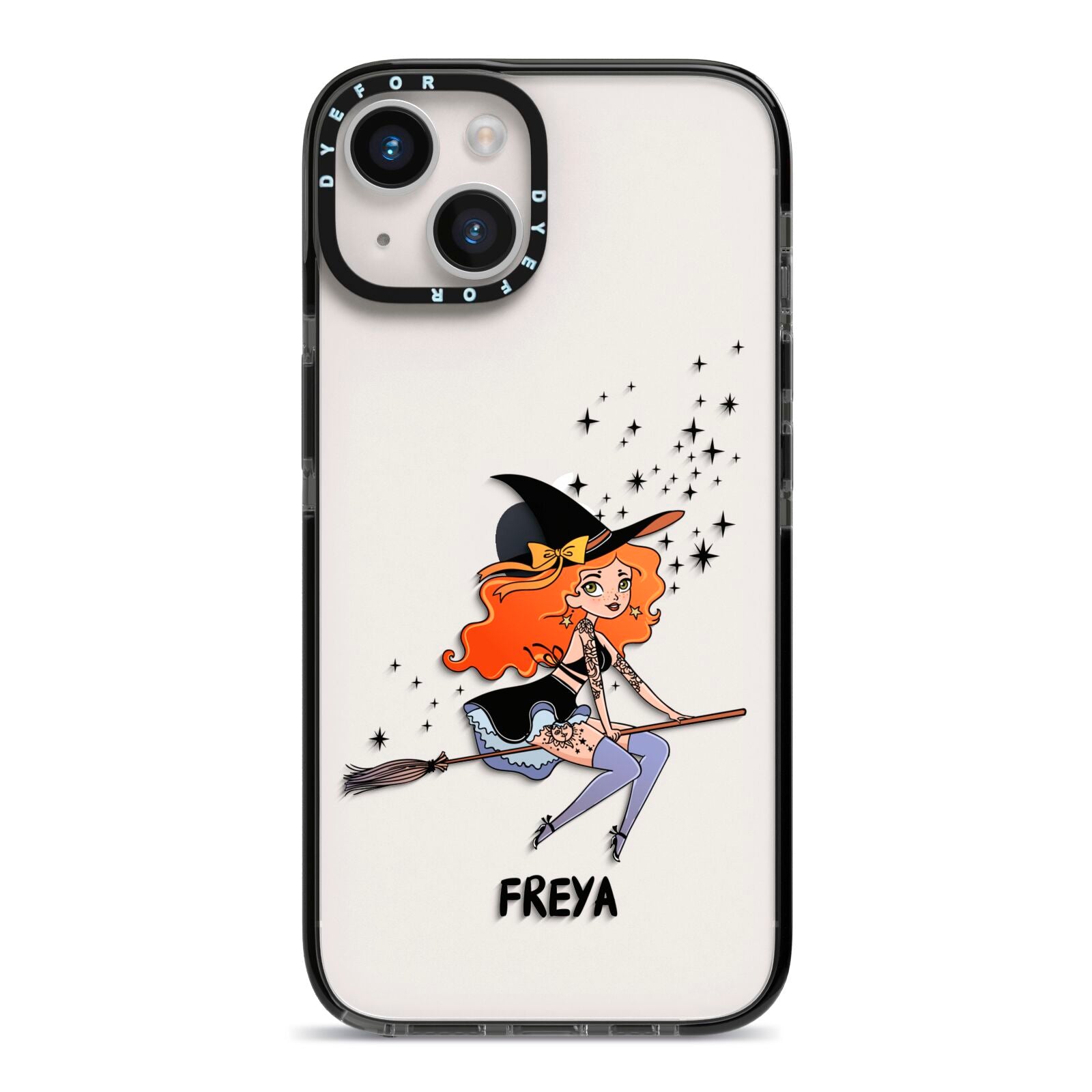Orange Haired Personalised Witch iPhone 14 Black Impact Case on Silver phone