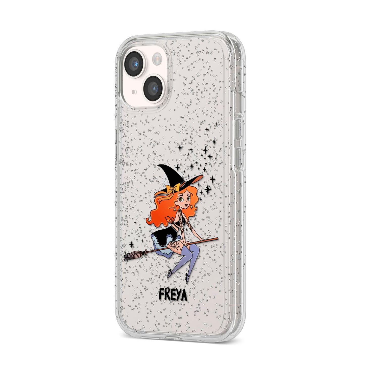 Orange Haired Personalised Witch iPhone 14 Glitter Tough Case Starlight Angled Image