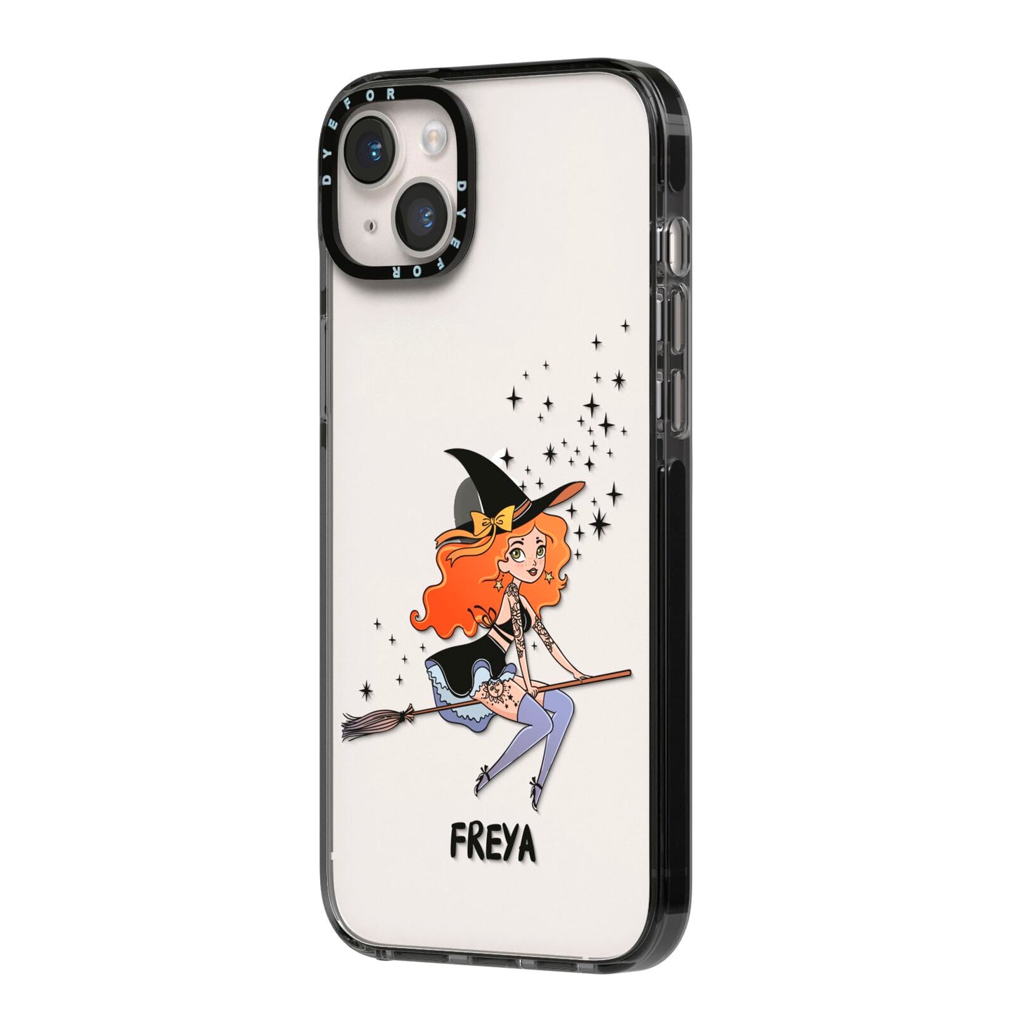 Orange Haired Personalised Witch iPhone 14 Plus Black Impact Case Side Angle on Silver phone