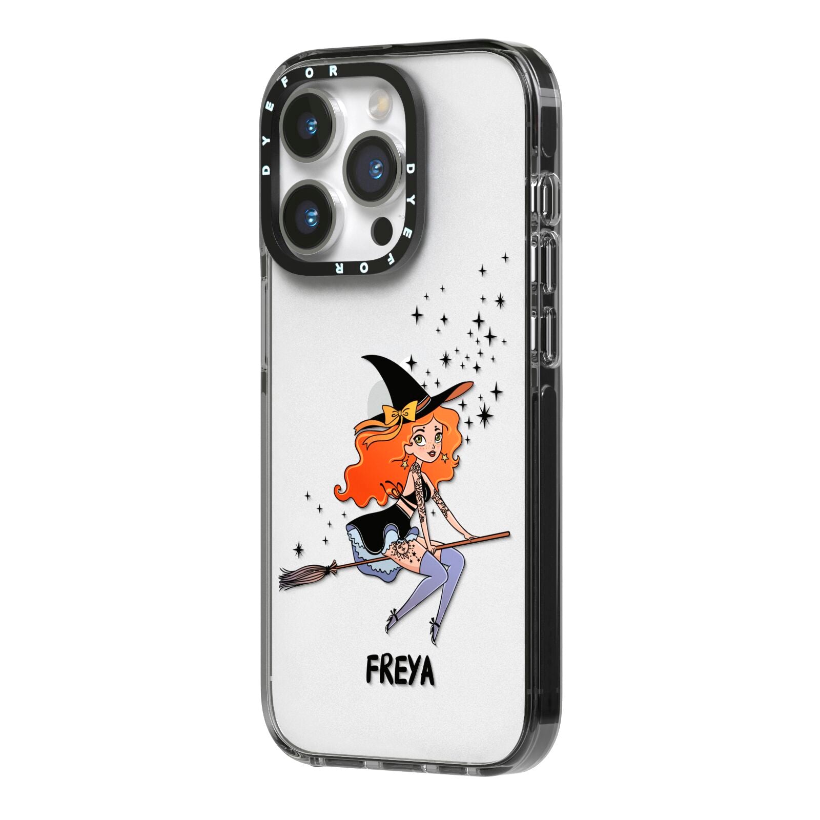 Orange Haired Personalised Witch iPhone 14 Pro Black Impact Case Side Angle on Silver phone