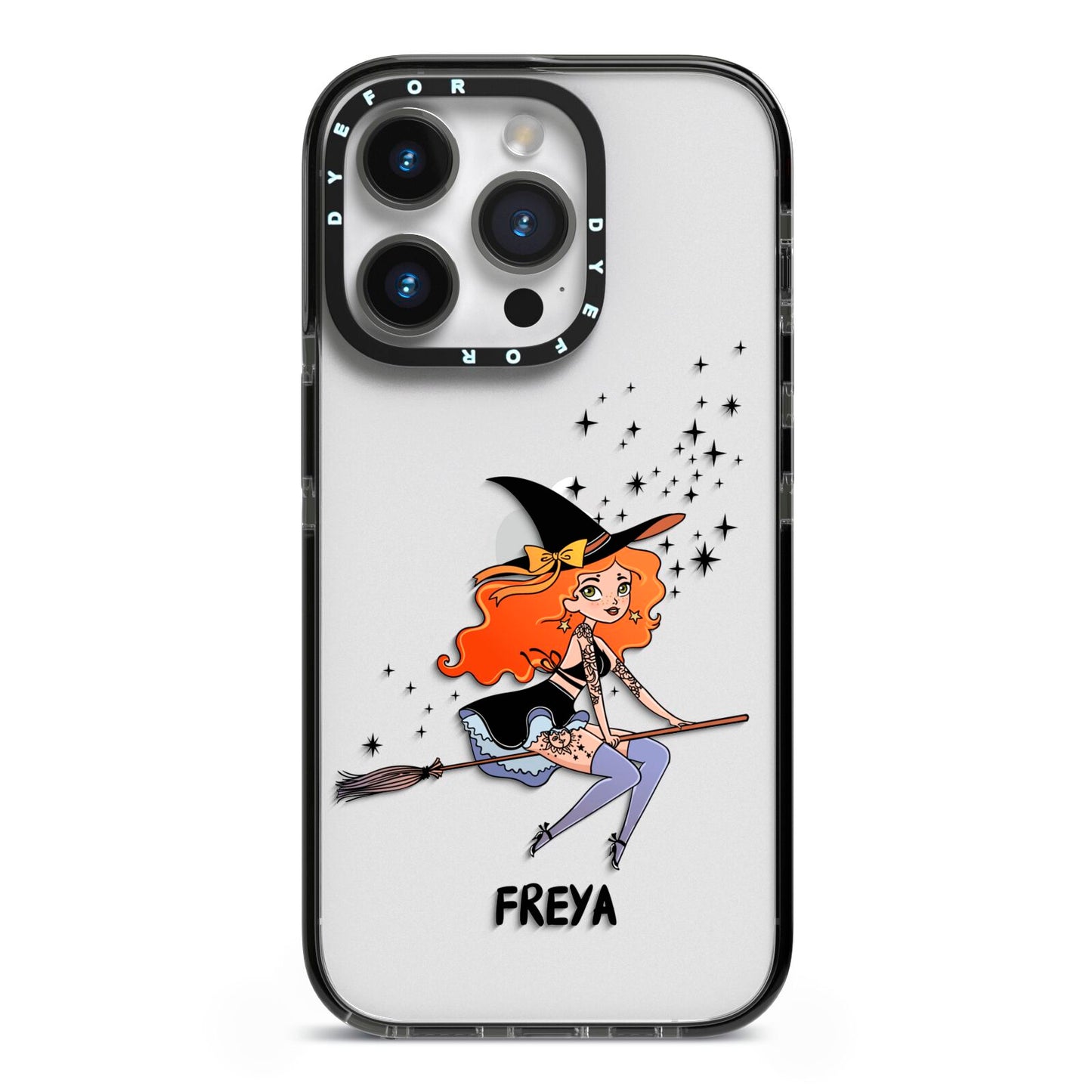 Orange Haired Personalised Witch iPhone 14 Pro Black Impact Case on Silver phone