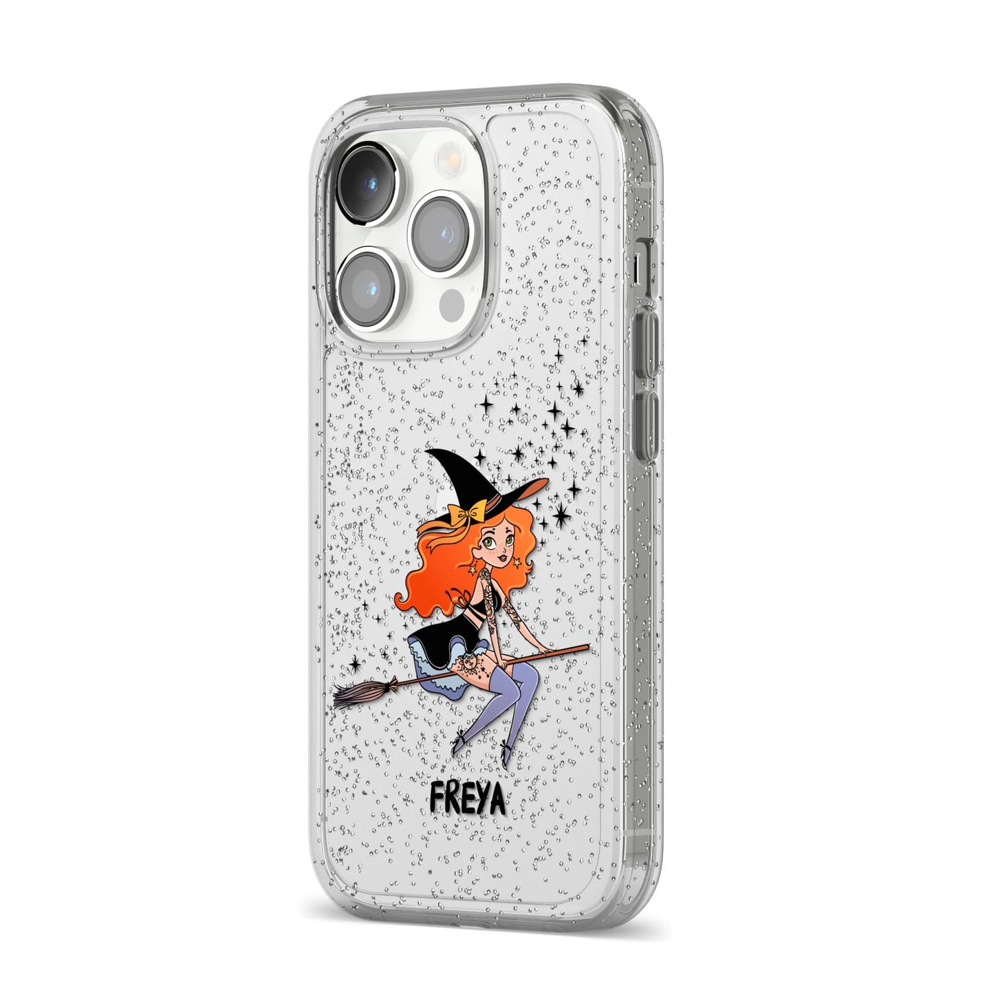 Orange Haired Personalised Witch iPhone 14 Pro Glitter Tough Case Silver Angled Image