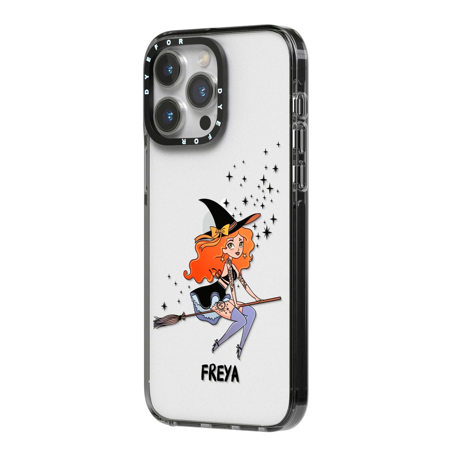 Orange Haired Personalised Witch iPhone 14 Pro Max Black Impact Case Side Angle on Silver phone