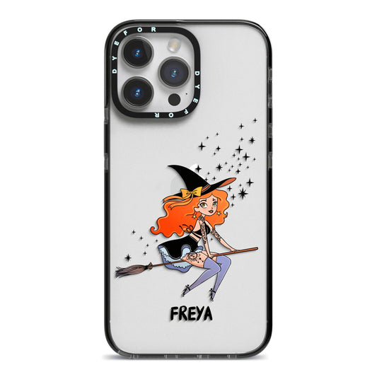 Orange Haired Personalised Witch iPhone 14 Pro Max Black Impact Case on Silver phone