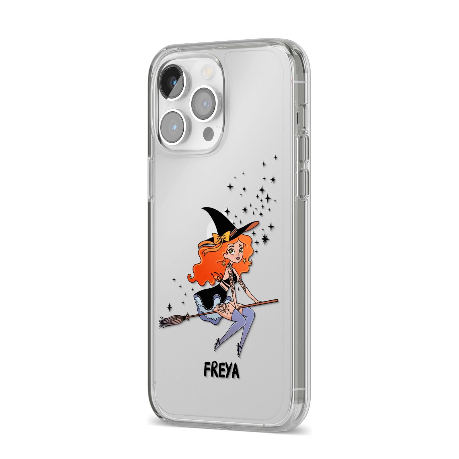 Orange Haired Personalised Witch iPhone 14 Pro Max Clear Tough Case Silver Angled Image