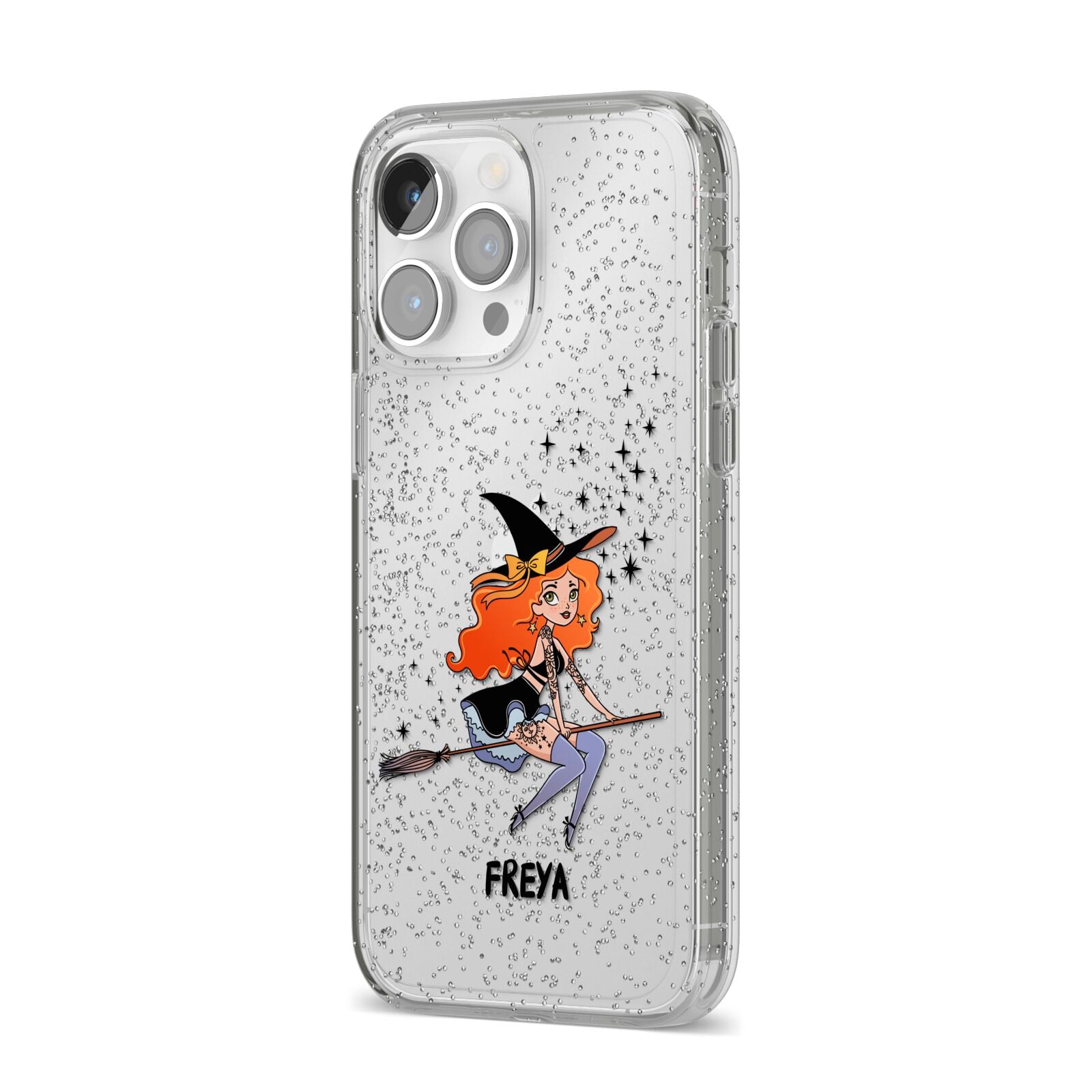 Orange Haired Personalised Witch iPhone 14 Pro Max Glitter Tough Case Silver Angled Image