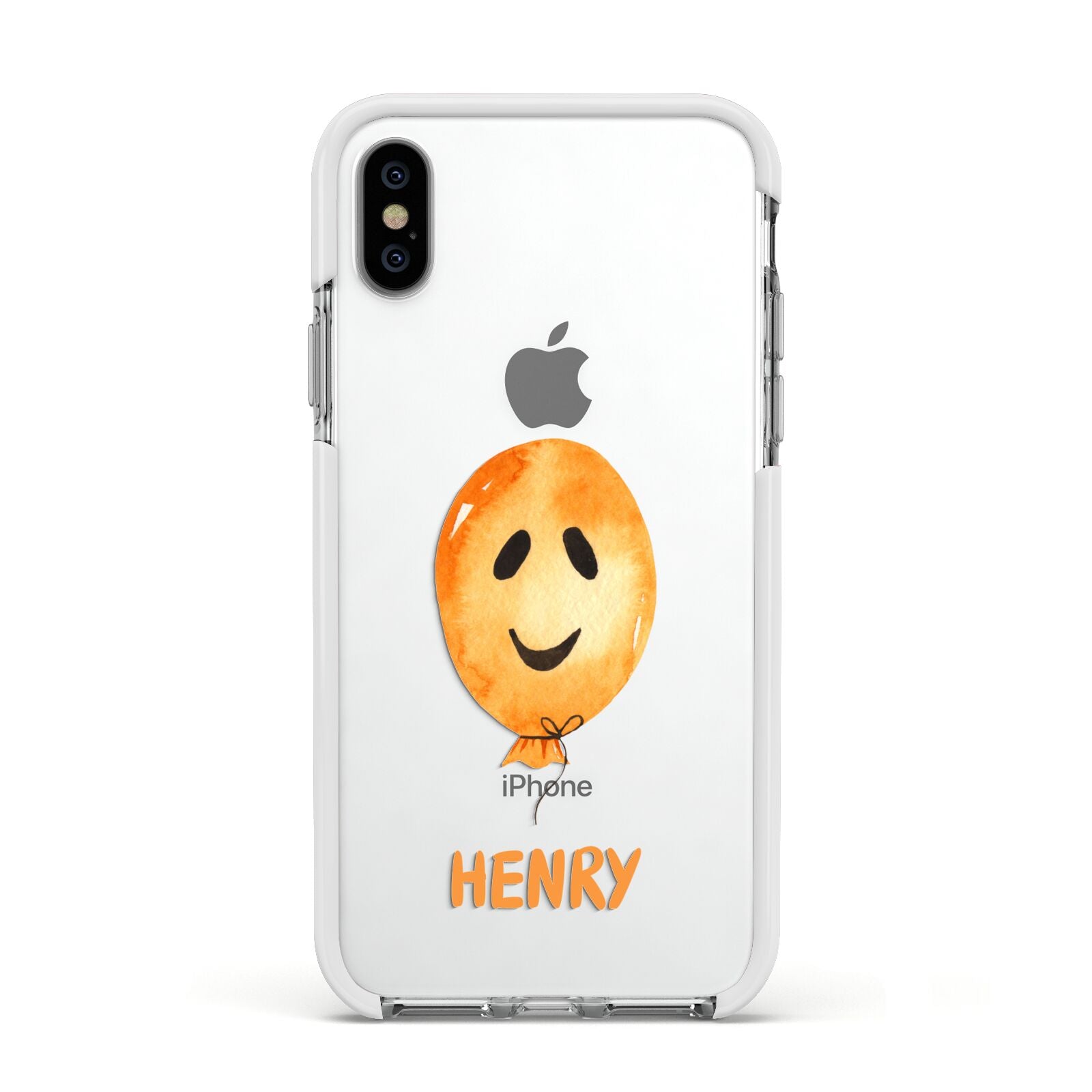 Orange Halloween Balloon Face Apple iPhone Xs Impact Case White Edge on Silver Phone