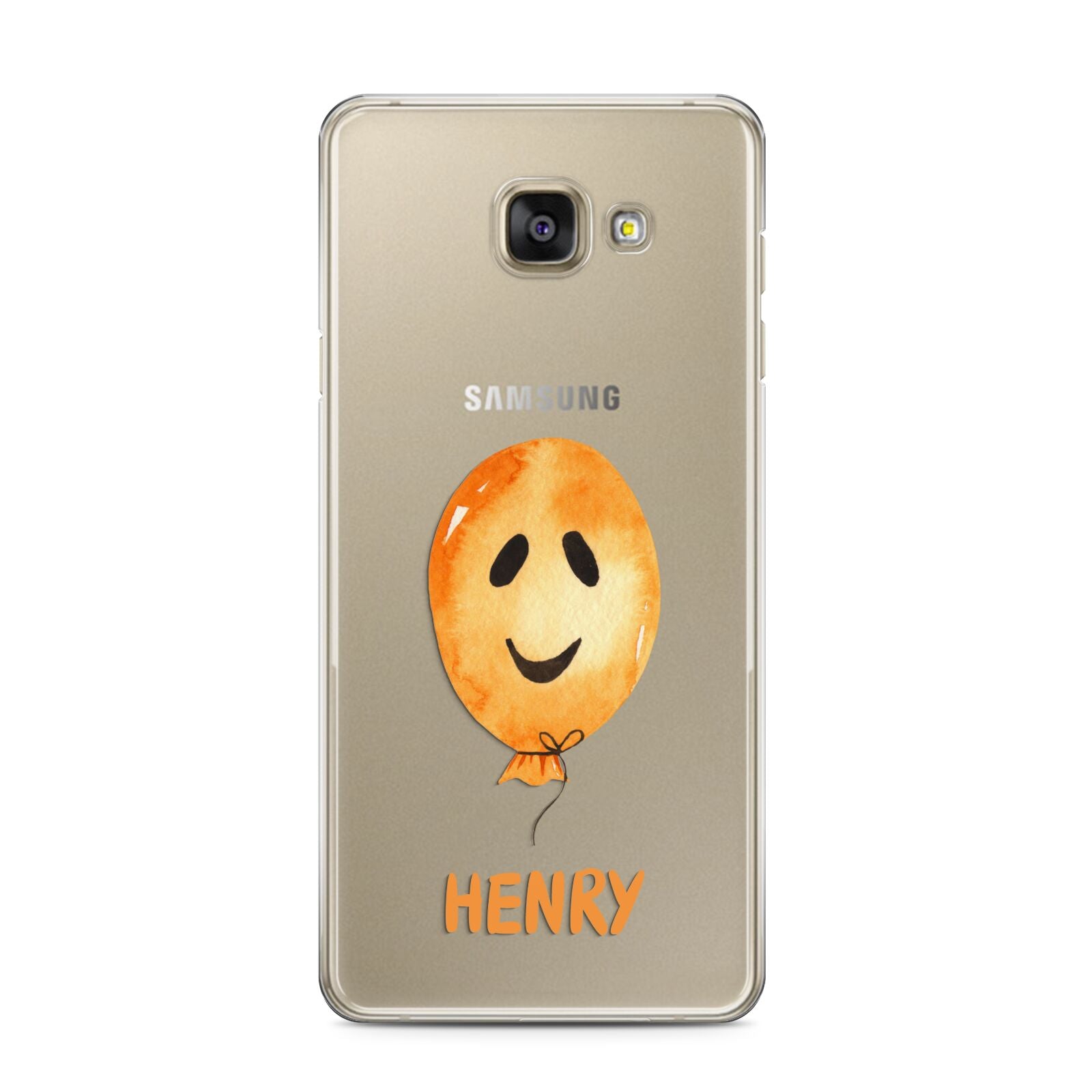 Orange Halloween Balloon Face Samsung Galaxy A3 2016 Case on gold phone