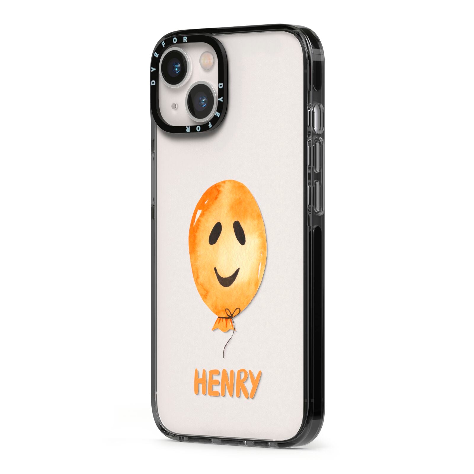 Orange Halloween Balloon Face iPhone 13 Black Impact Case Side Angle on Silver phone