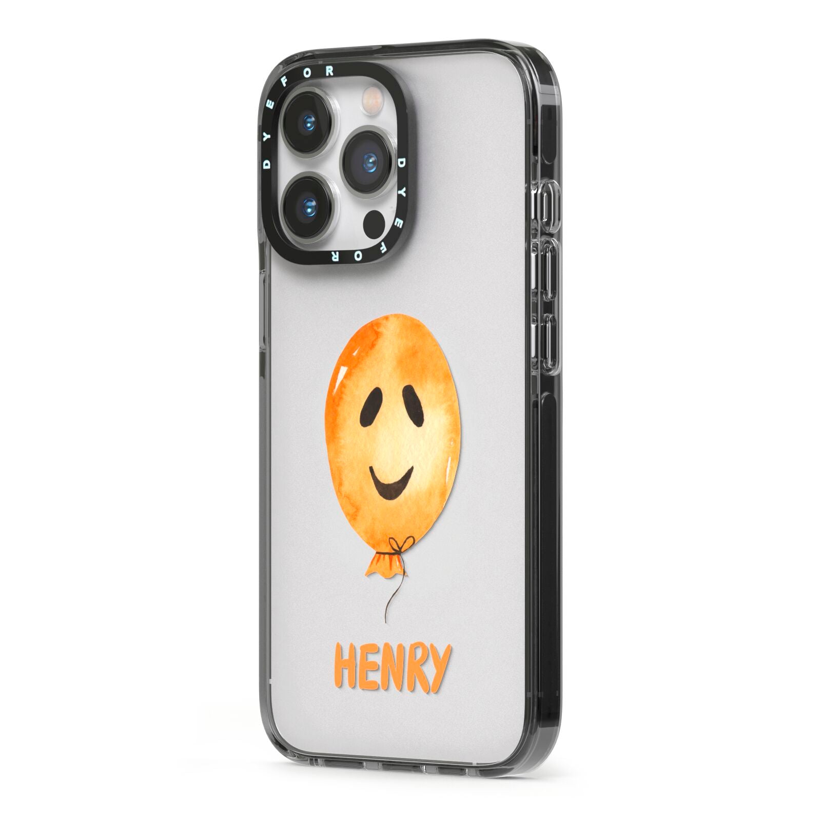Orange Halloween Balloon Face iPhone 13 Pro Black Impact Case Side Angle on Silver phone