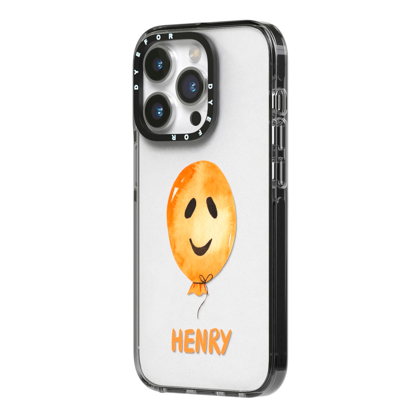 Orange Halloween Balloon Face iPhone 14 Pro Black Impact Case Side Angle on Silver phone