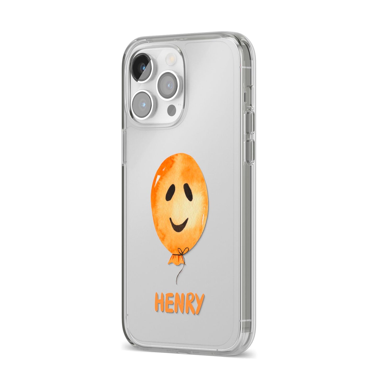 Orange Halloween Balloon Face iPhone 14 Pro Max Clear Tough Case Silver Angled Image