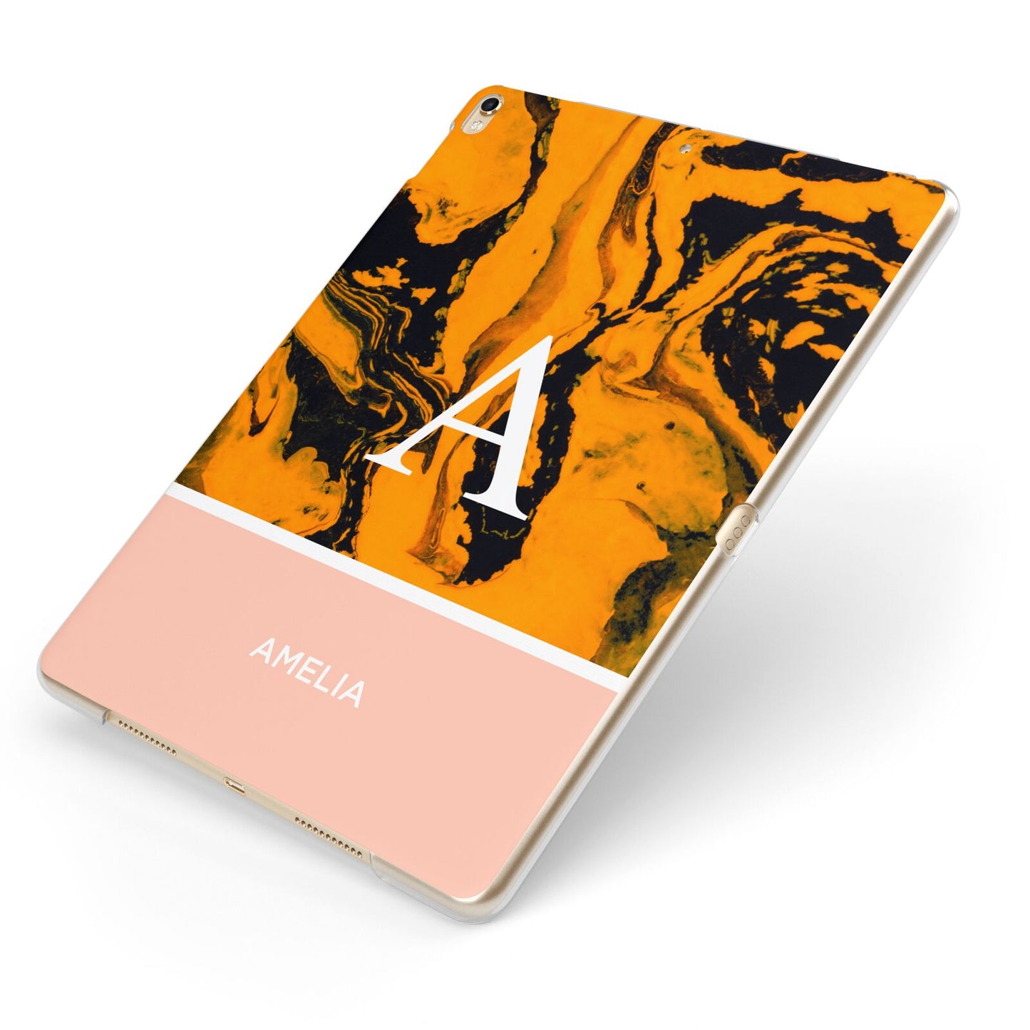 Orange Marble Personalised Apple iPad Case on Gold iPad Side View