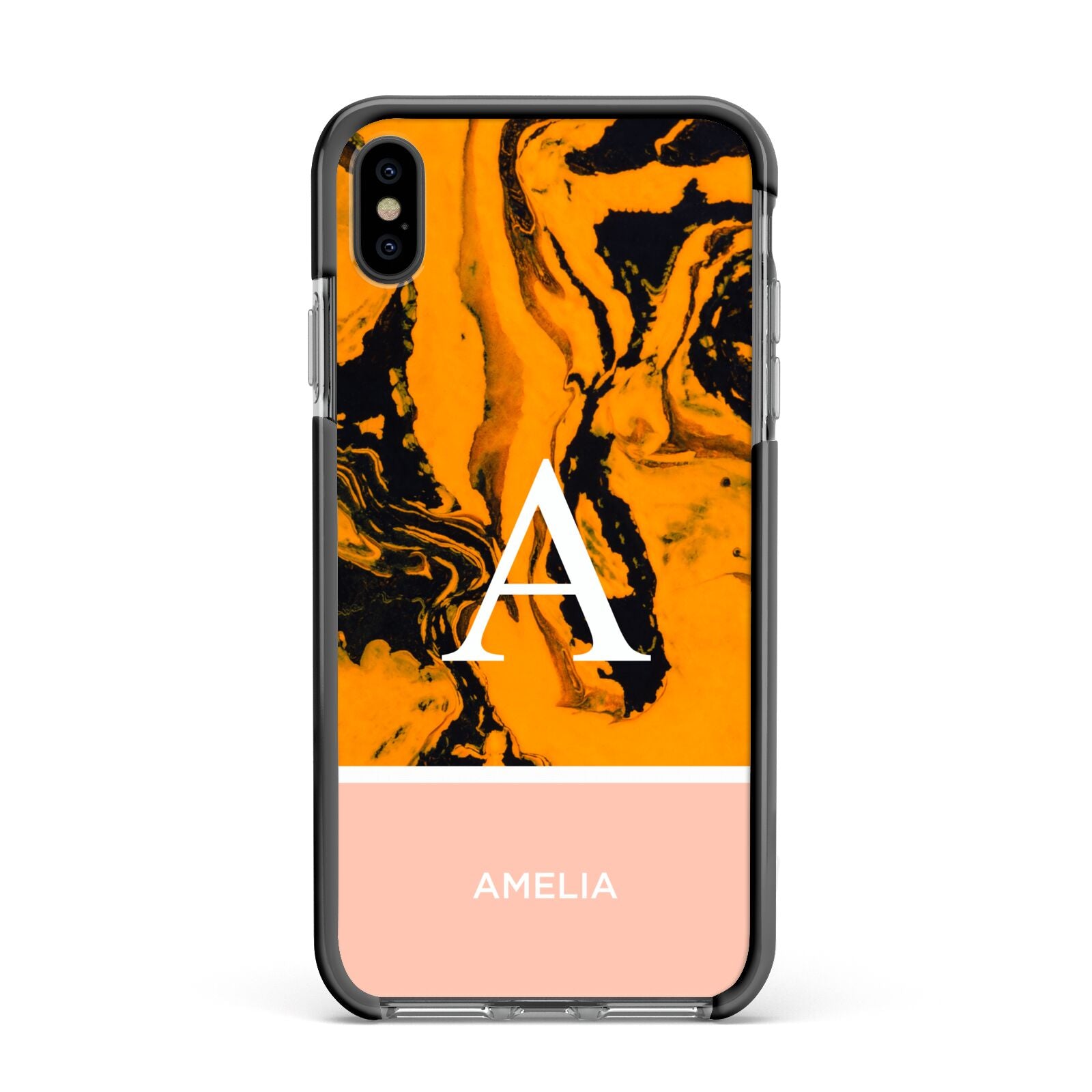 Orange Marble Personalised Apple iPhone Xs Max Impact Case Black Edge on Black Phone