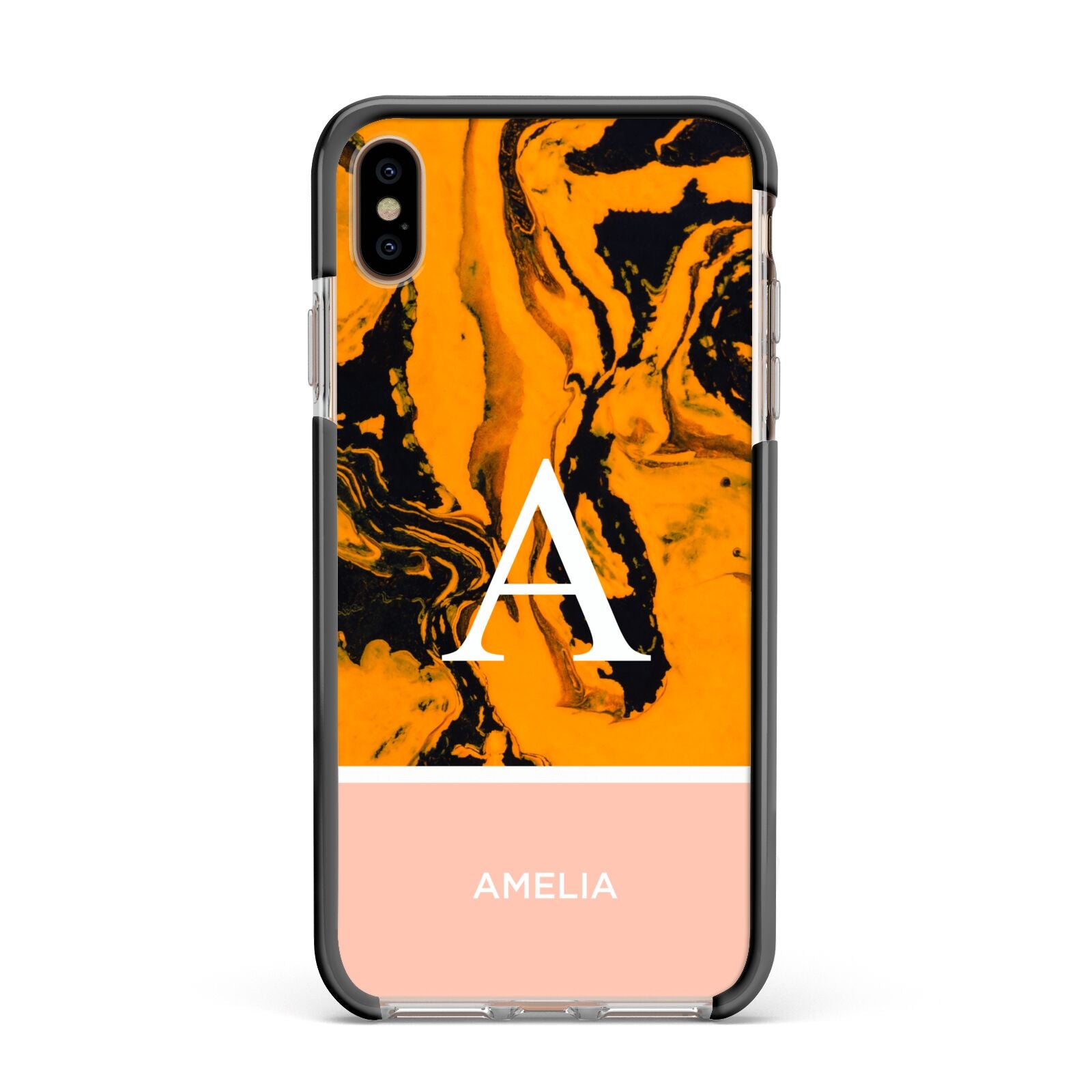Orange Marble Personalised Apple iPhone Xs Max Impact Case Black Edge on Gold Phone