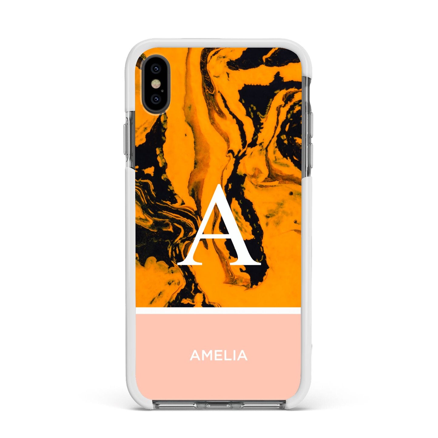 Orange Marble Personalised Apple iPhone Xs Max Impact Case White Edge on Black Phone