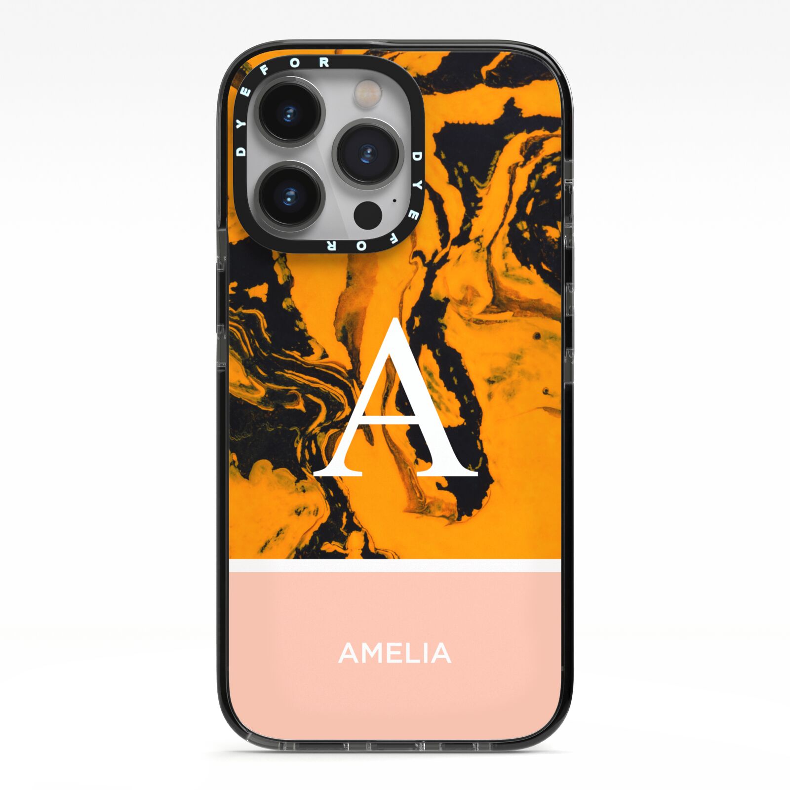 Orange Marble Personalised iPhone 13 Pro Black Impact Case on Silver phone