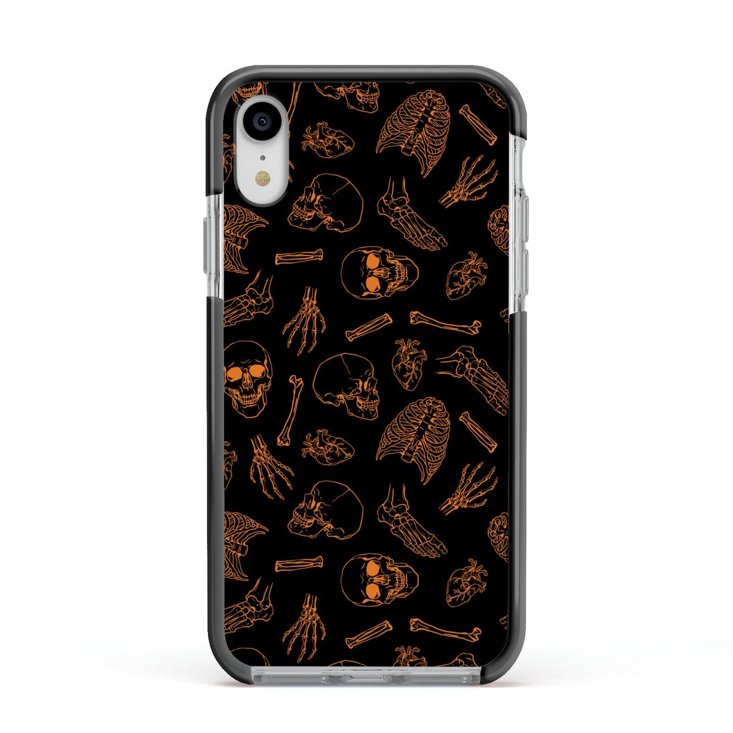Orange Skeleton Illustrations Apple iPhone XR Impact Case Black Edge on Silver Phone