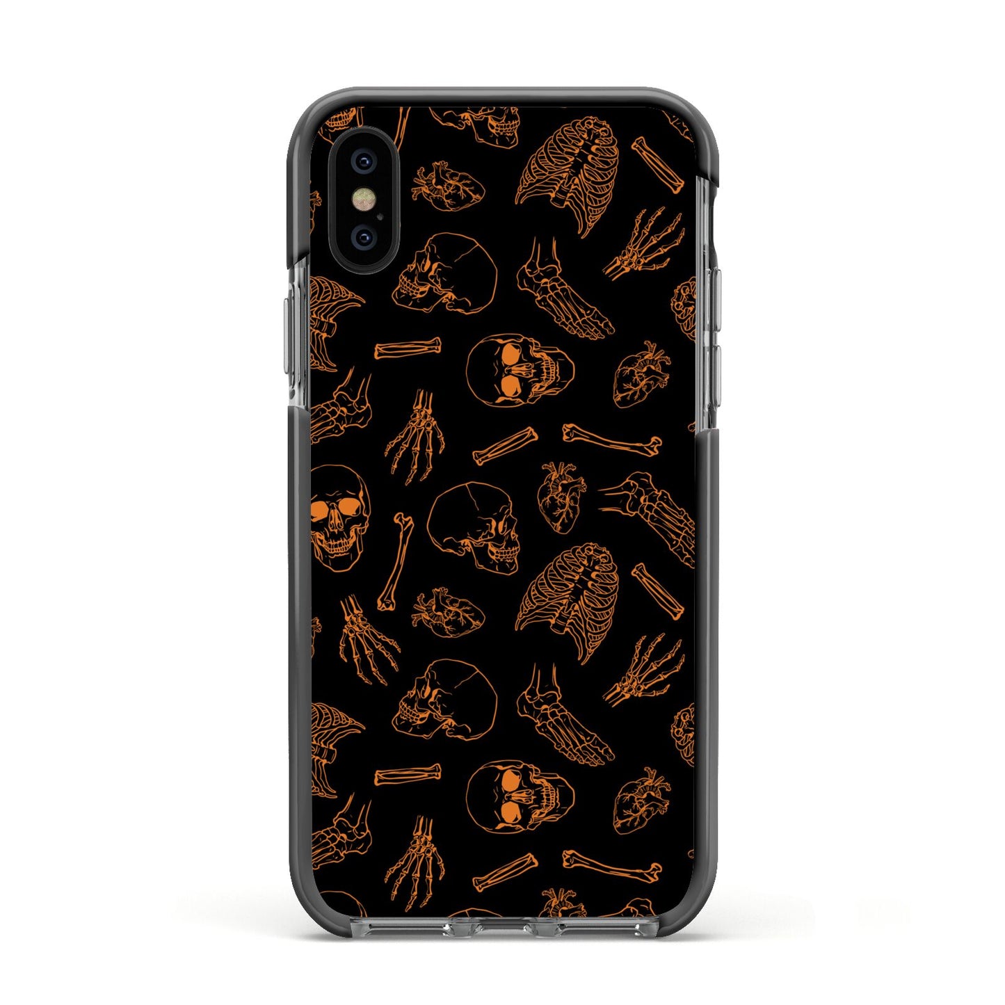 Orange Skeleton Illustrations Apple iPhone Xs Impact Case Black Edge on Black Phone
