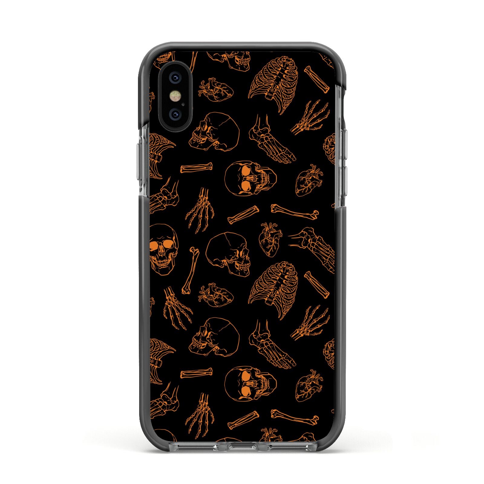 Orange Skeleton Illustrations Apple iPhone Xs Impact Case Black Edge on Black Phone