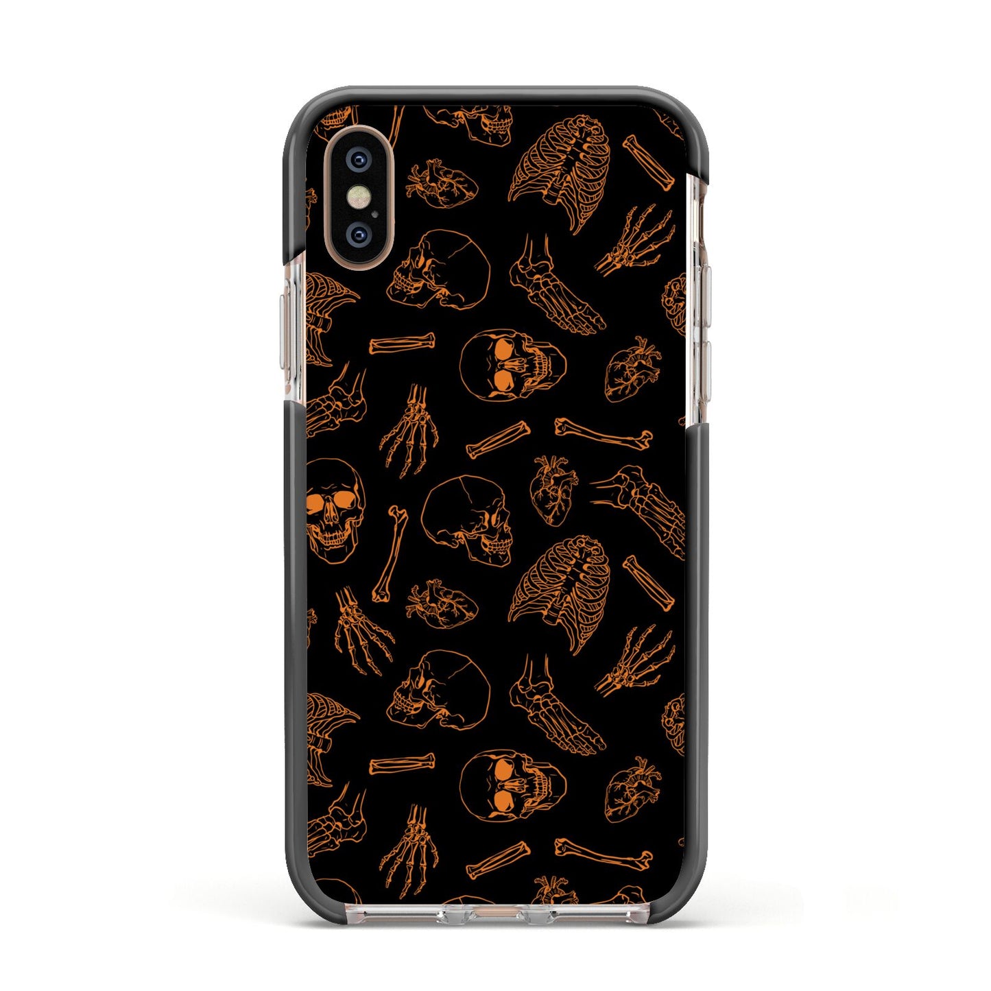 Orange Skeleton Illustrations Apple iPhone Xs Impact Case Black Edge on Gold Phone