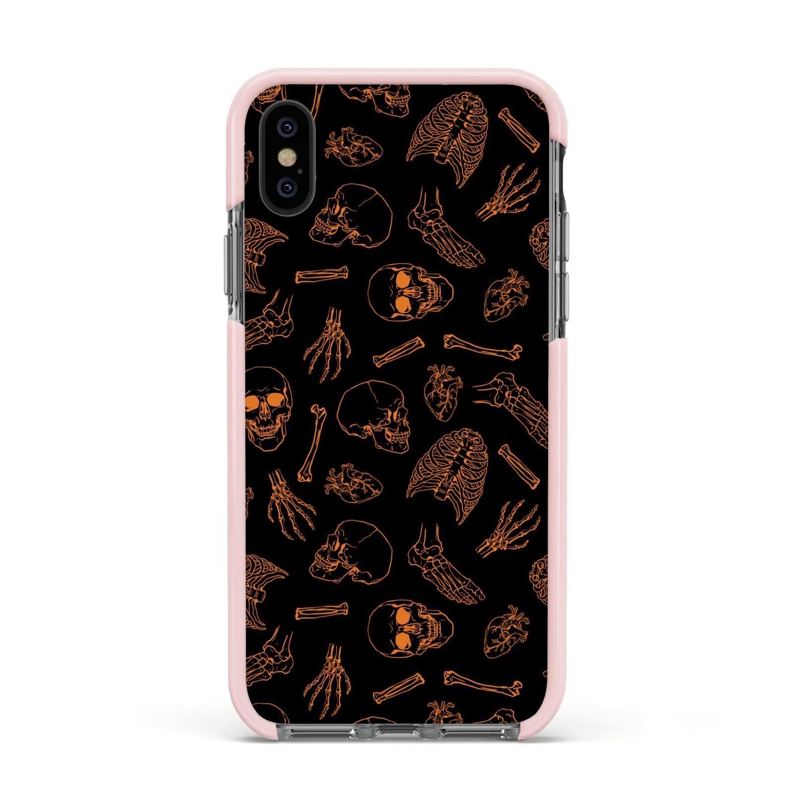 Orange Skeleton Illustrations Apple iPhone Xs Impact Case Pink Edge on Black Phone