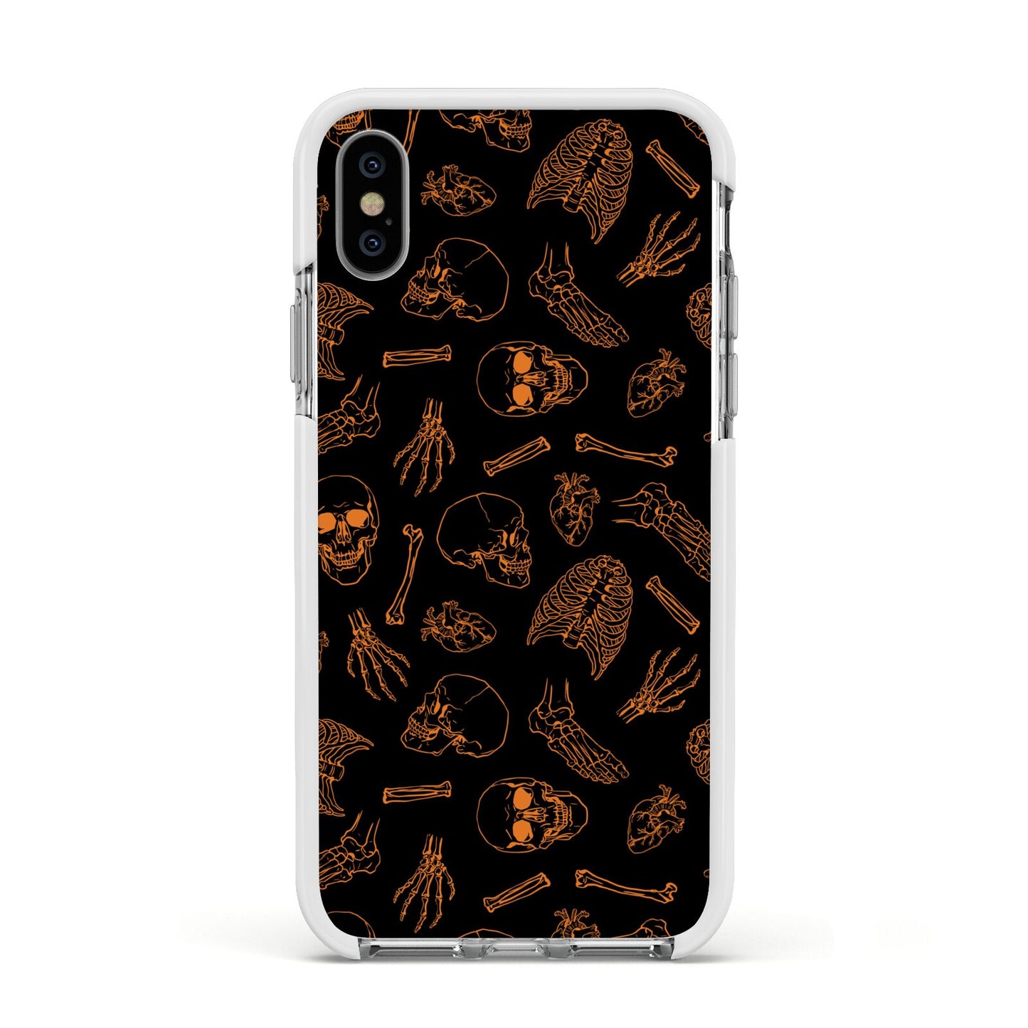 Orange Skeleton Illustrations Apple iPhone Xs Impact Case White Edge on Silver Phone