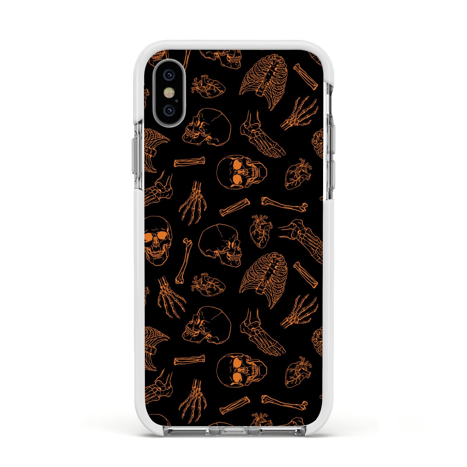 Orange Skeleton Illustrations Apple iPhone Xs Impact Case White Edge on Silver Phone