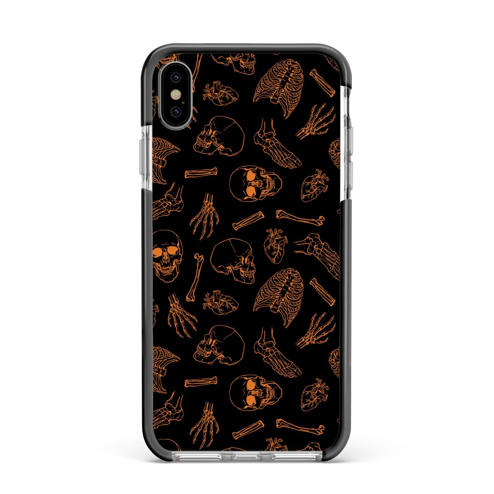 Orange Skeleton Illustrations Apple iPhone Xs Max Impact Case Black Edge on Silver Phone