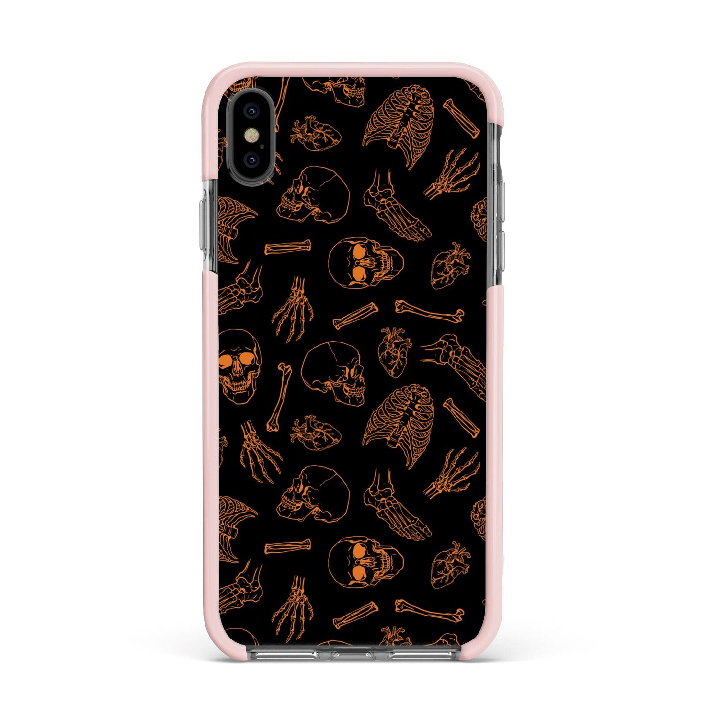 Orange Skeleton Illustrations Apple iPhone Xs Max Impact Case Pink Edge on Black Phone