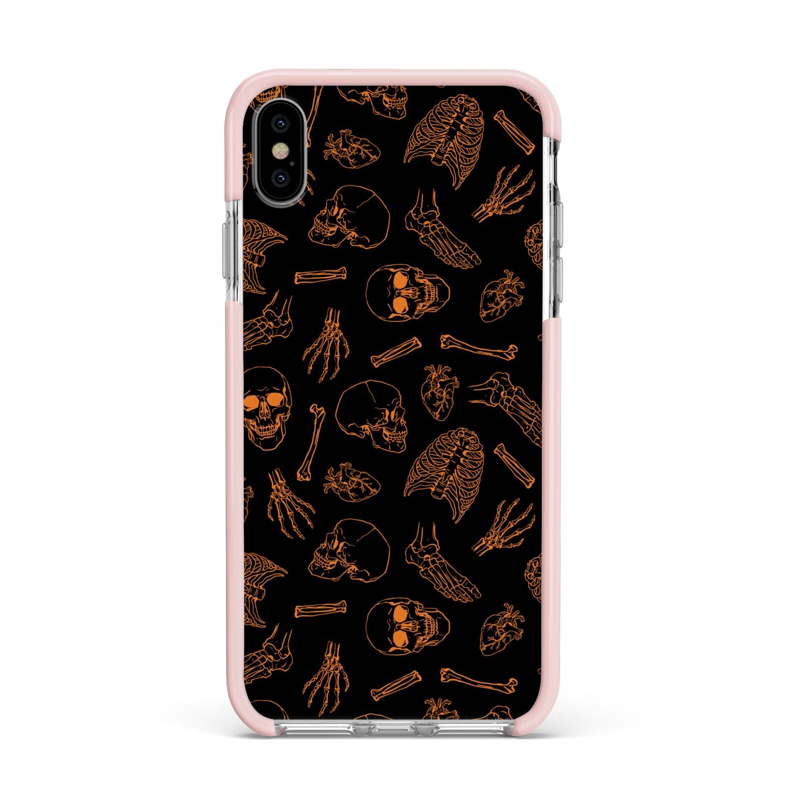 Orange Skeleton Illustrations Apple iPhone Xs Max Impact Case Pink Edge on Silver Phone