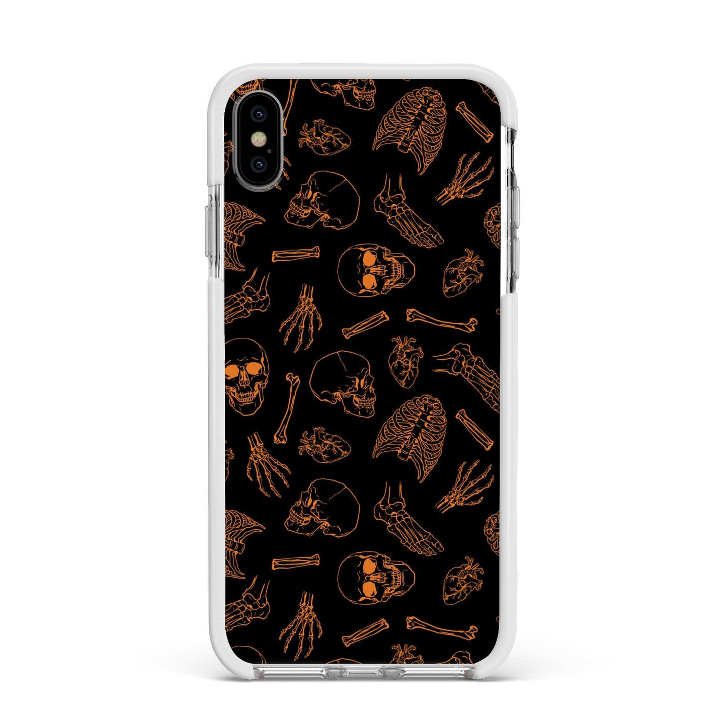 Orange Skeleton Illustrations Apple iPhone Xs Max Impact Case White Edge on Silver Phone