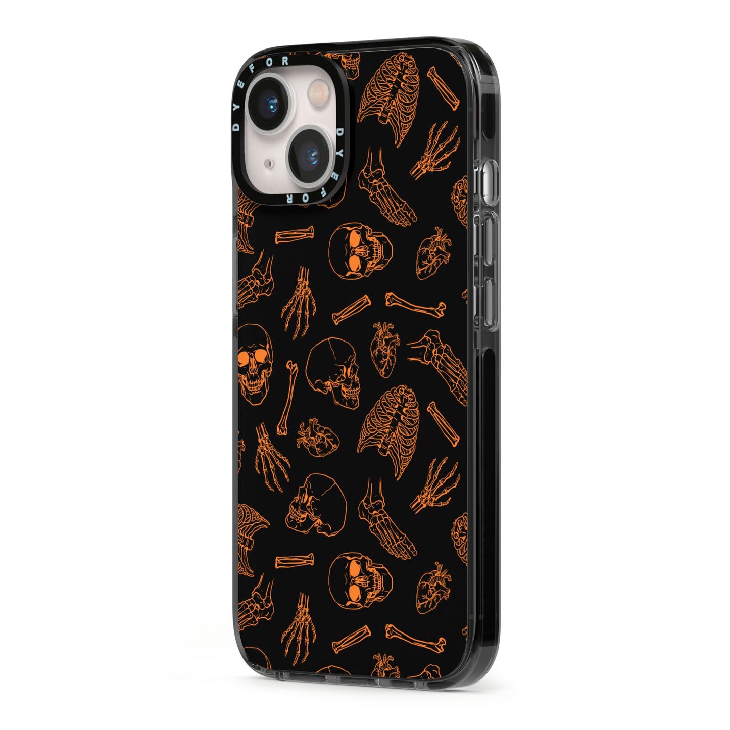 Orange Skeleton Illustrations iPhone 13 Black Impact Case Side Angle on Silver phone