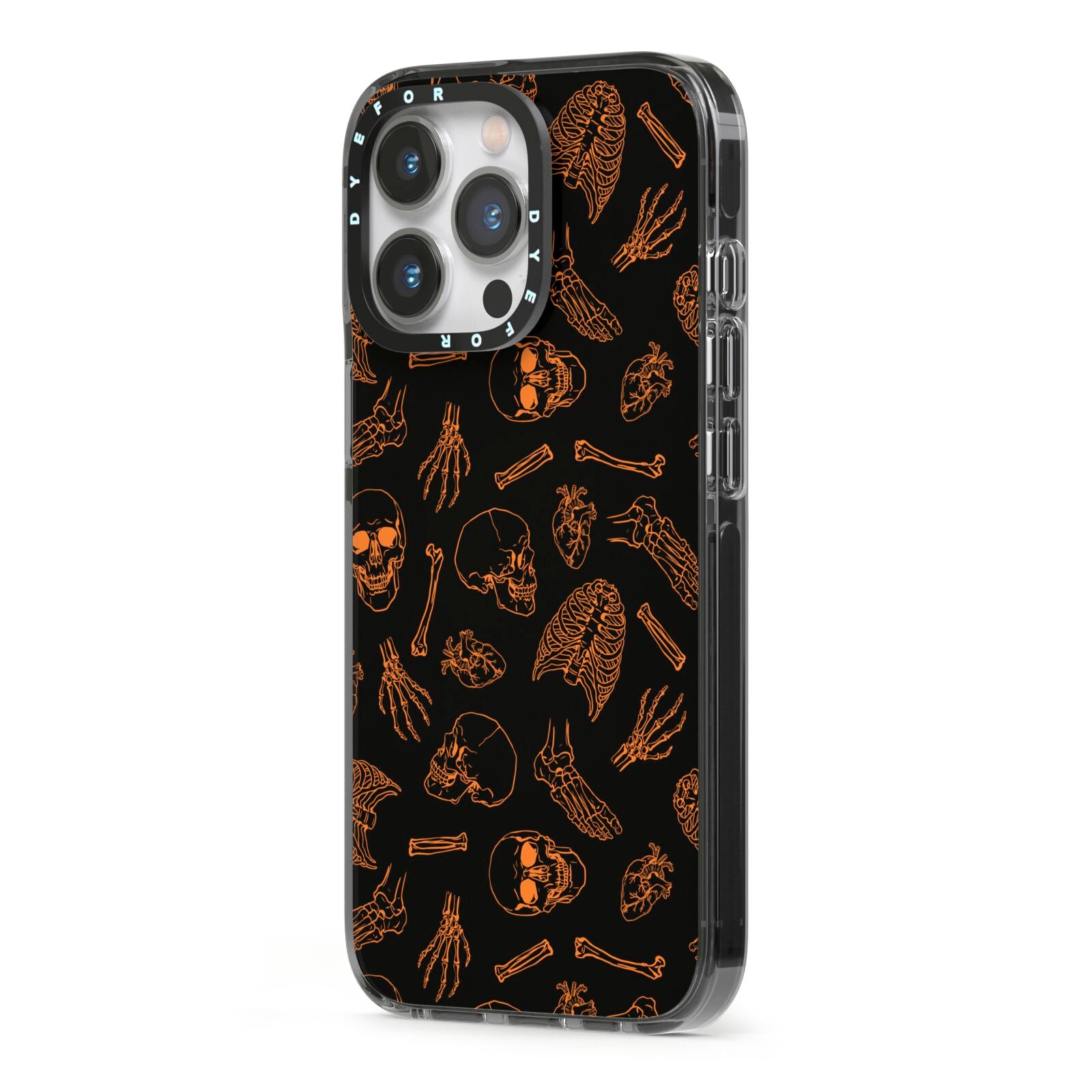 Orange Skeleton Illustrations iPhone 13 Pro Black Impact Case Side Angle on Silver phone