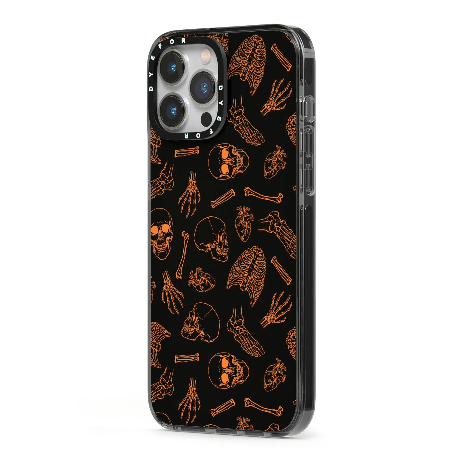 Orange Skeleton Illustrations iPhone 13 Pro Max Black Impact Case Side Angle on Silver phone