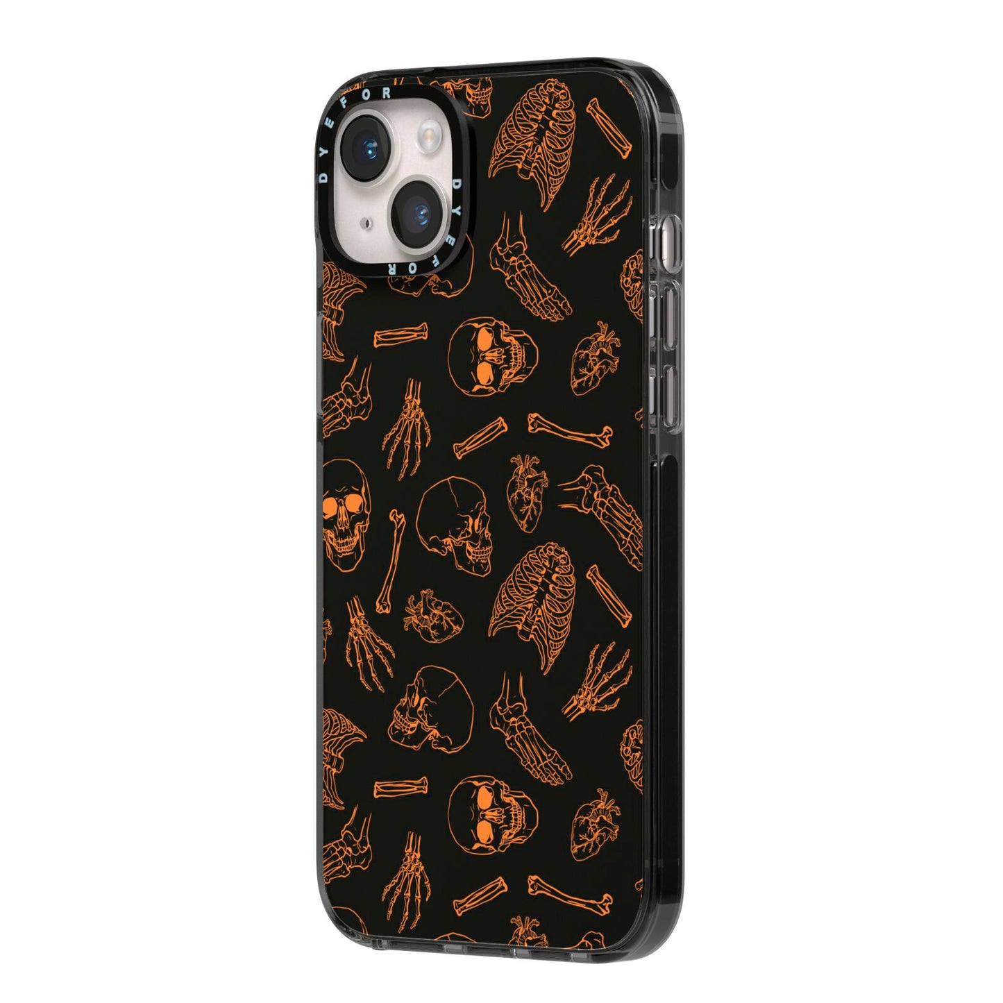 Orange Skeleton Illustrations iPhone 14 Plus Black Impact Case Side Angle on Silver phone