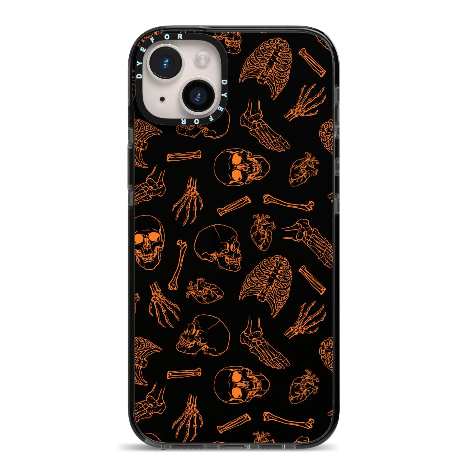 Orange Skeleton Illustrations iPhone 14 Plus Black Impact Case on Silver phone