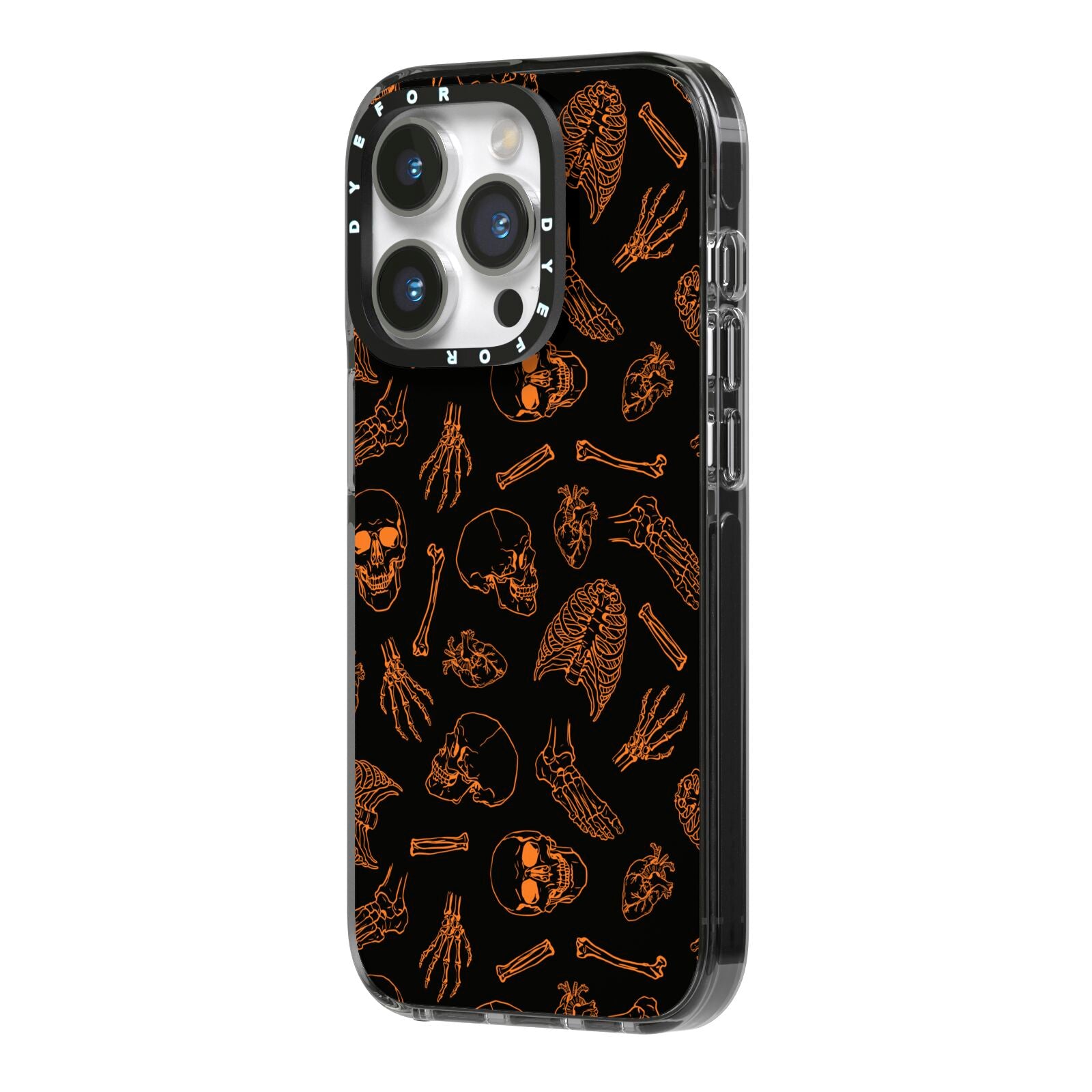 Orange Skeleton Illustrations iPhone 14 Pro Black Impact Case Side Angle on Silver phone