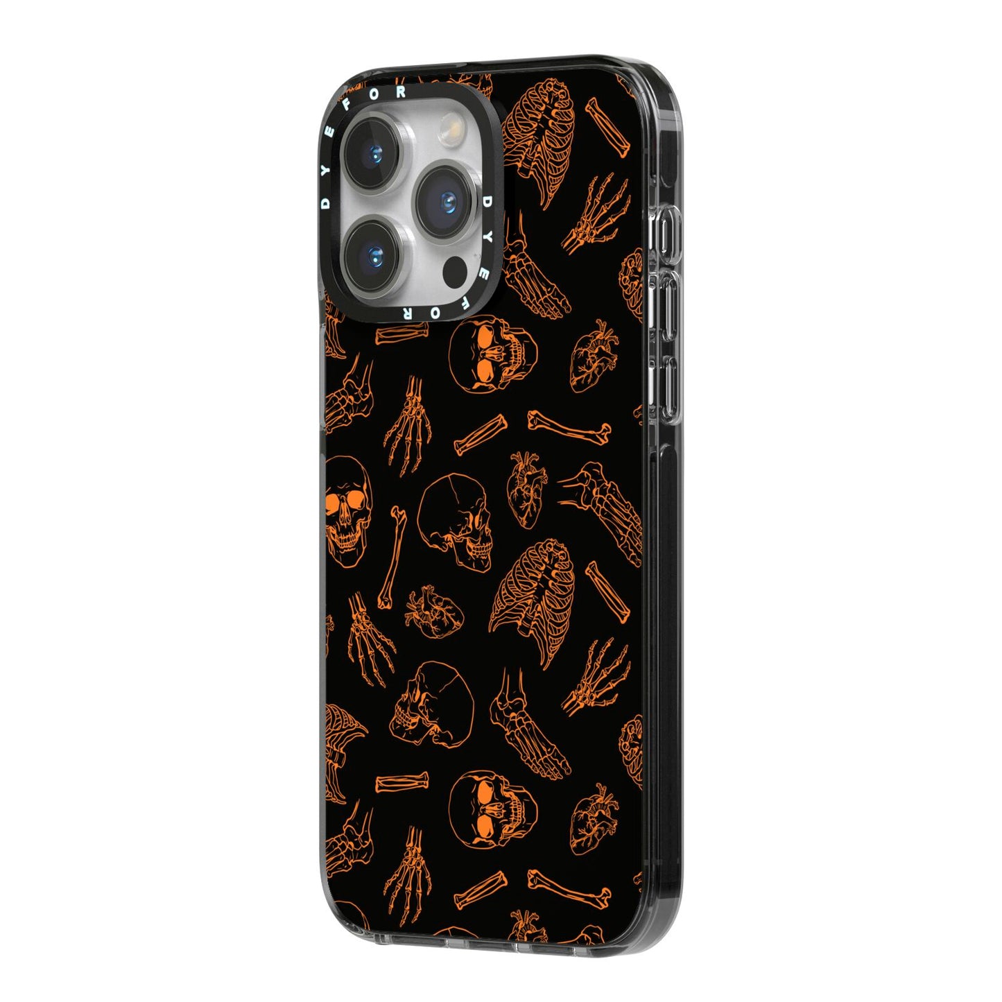 Orange Skeleton Illustrations iPhone 14 Pro Max Black Impact Case Side Angle on Silver phone