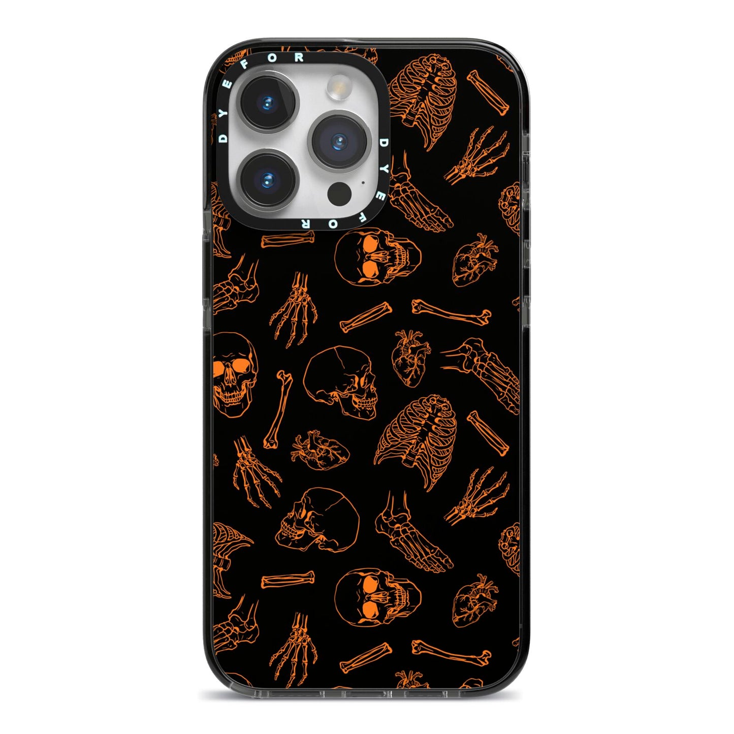 Orange Skeleton Illustrations iPhone 14 Pro Max Black Impact Case on Silver phone