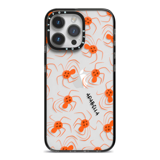 Orange Spiders Personalised iPhone 14 Pro Max Black Impact Case on Silver phone